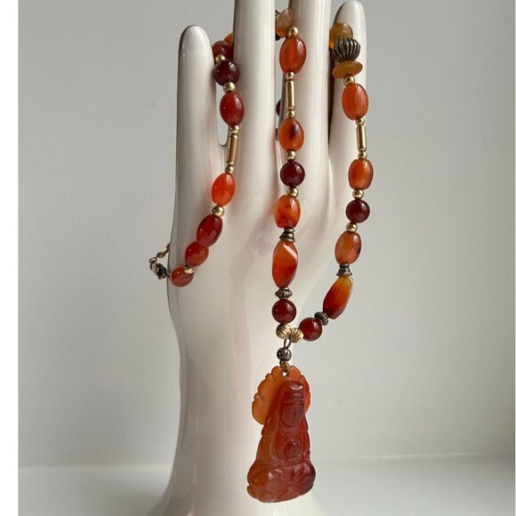 14k GF Carnelian Agate Beaded Necklace with Carved Guan Yin Buddhist - Picture 4 of 13